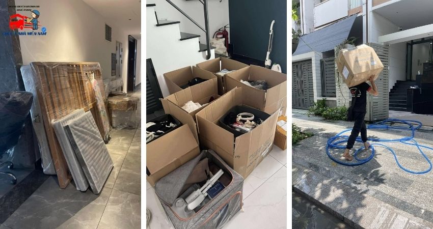 Nhân viên đóng gói đồ đạc cẩn thận bằng thùng carton và băng keo trong dịch vụ chuyển nhà